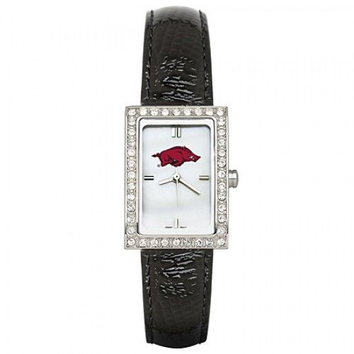 Black Leather University of Arkansas Watch W/ Cz Frame