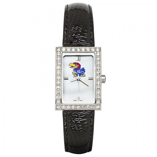 Black Leather University of Kansas Watch with Cz Frame