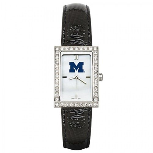 Black Leather University of Michigan Watch W/ Cz Frame