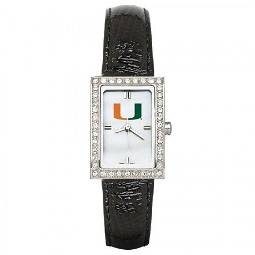 Black Leather University of Miami Watch with Cz Frame