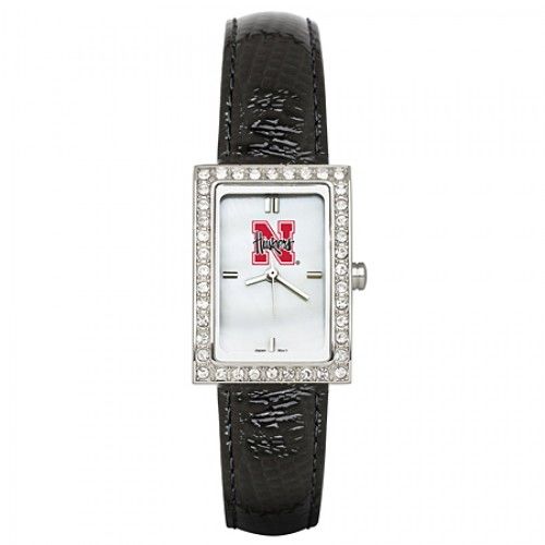 Black Leather University of Nebraska Watch W/ Cz Frame