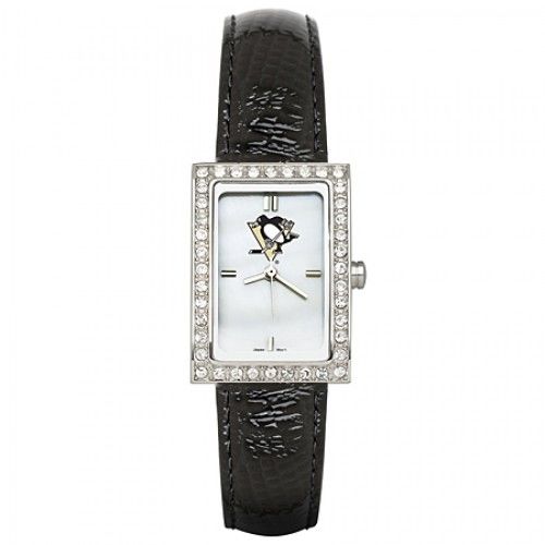 Black Leather Pittsburgh Penguins Watch with Cz Frame