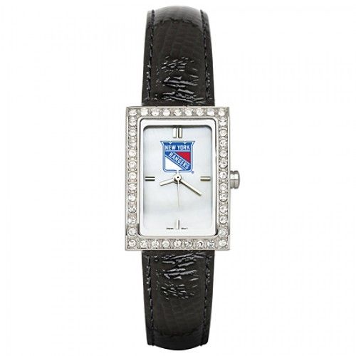 Black Leather New York Rangers Watch with Cz Frame