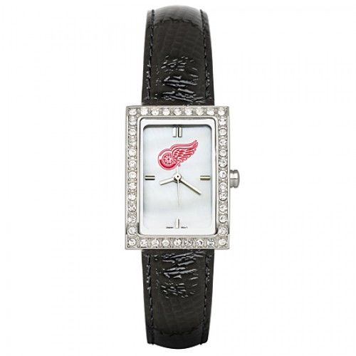 Black Leather Detroit Red Wings Watch with Cz Frame