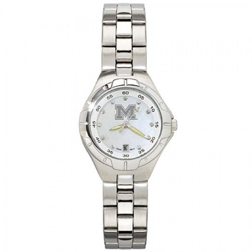 Mother of Pearl & Cz University of Michigan Watch with Logo in Stainless Steel