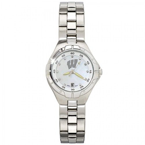 Mother of Pearl & Cz University of Wisconsin Watch W/ Logo in Stainless Steel