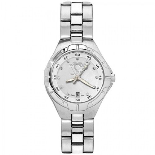 Mother of Pearl & Cz Pittsburgh Penguins Watch in Stainless Steel - Fold Over