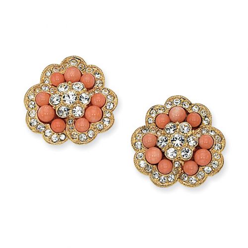 Coral & Crystal Earrings in Gold Plated - Clip On - Round Shape - Women