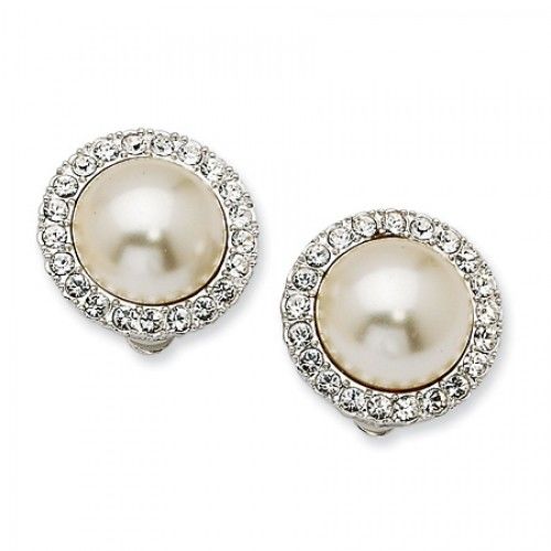 Created Pearl Earrings in Rhodium Plated Base Metal - Clip On Back - Round