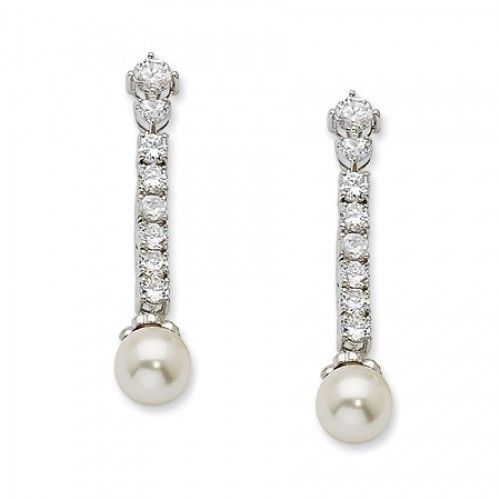 Pearl & Cubic Zirconia Earrings in Rhodium Plated Base Metal - Pressure Back