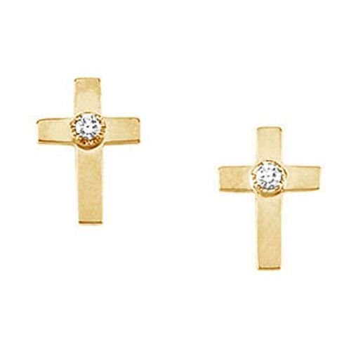 Diamond Cross Earrings in 14kt Yellow Gold - Friction Back - Round - Radiant