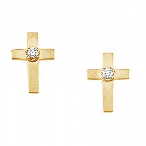 Diamond Cross Earrings in 14kt Yellow Gold - Pressure Backs - Round - Shapely