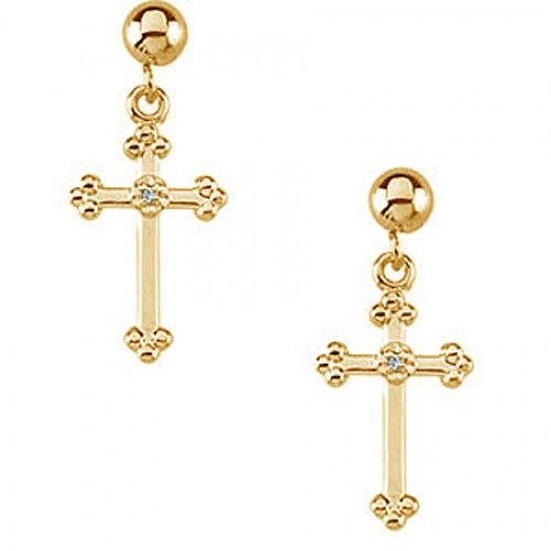 Diamond Cross Earrings in 14kt Yellow Gold - Post with Backs - Round - Stunning
