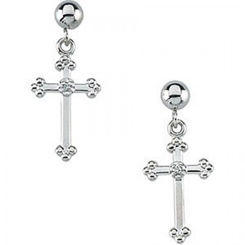 Diamond Cross Earrings in White Gold - 14kt - Friction Backs - Round - Superb