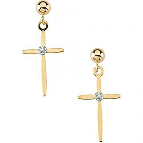 Diamond Cross Earrings in 14kt Yellow Gold - Post W/ Backs - Round - Wonderful