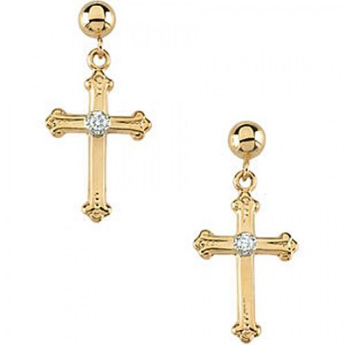 Diamond Cross Earrings in Yellow Gold - 14kt - Pressure Back - Round - Alluring
