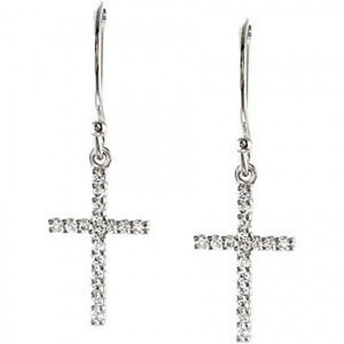 Diamond Cross Earrings in White Gold - 14kt - Ear Wire - Round - Glamorous