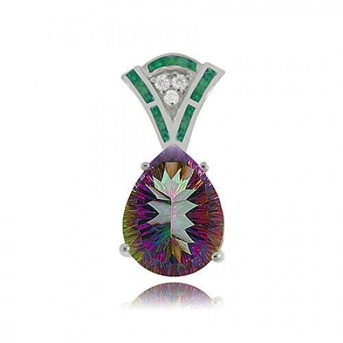 925 Radiant Mystic Fire Topaz Pendant with a Australian Opal Accented Bail