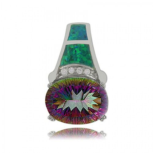 Sterling Silver Mystic Fire Topaz Pendant - Cubic Zirconium Trim & Created Opal