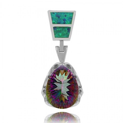 Sterling Silver Mystic Fire Topaz Pendant - Opal Accented Bail