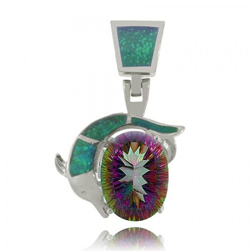Sterling Silver Radiant Mystic Fire Topaz Dolphin Pendant