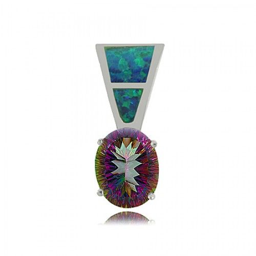 Sterling Silver Radiant Mystic Fire Topaz Pendant - Australian Opal Bail Inlay