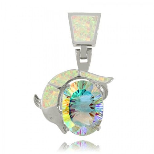 Sterling Silver Sea Mist Topaz Dolphin Pendant W/ Created Opal - New