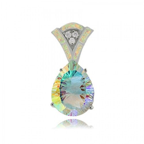 Sterling Silver Sea Mist Topaz Pendant with Snowy Opal Accented Bail