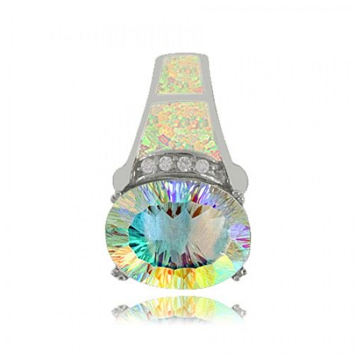 Sterling Silver Radiant Sea Mist Topaz Pendant with Created Opal Featured Bail