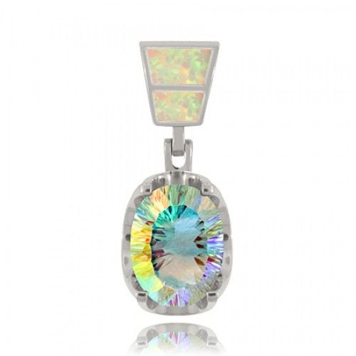Sterling Silver Radiant Sea Mist Topaz Pendant with Created Opal Bail