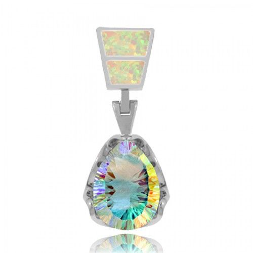 Sterling Silver Sea Mist Topaz Pendant with Ornate Created Opal Bail