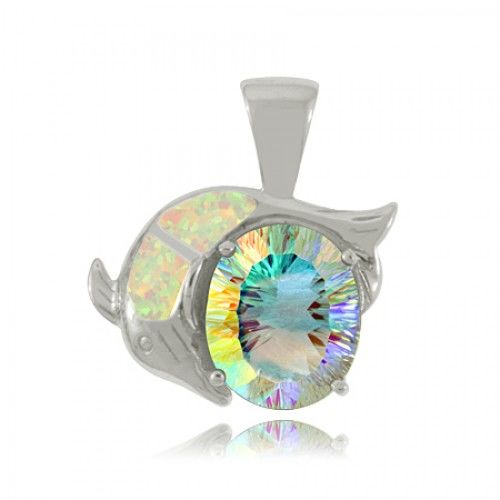 Sterling Silver Sea Mist Topaz Dolphin Pendant with Pearly Created Opal Accented Bail