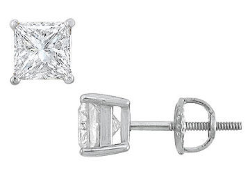 14K White Gold  Princess Cut Diamond Stud Earrings  2.00 CT. TW.