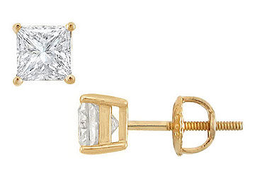14K Yellow Gold  Princess Cut Diamond Stud Earrings  1.50 CT. TW.