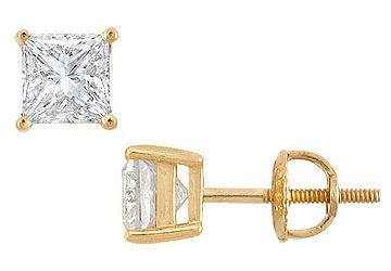 14K Yellow Gold  Princess Cut Diamond Stud Earrings  2.00 CT. TW.