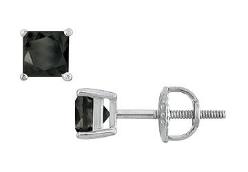 14K White Gold  Princess Cut Black Diamond Stud Earrings  1.00 CT. TW.