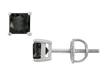14K White Gold  Princess Cut Black Diamond Stud Earrings  1.50 CT. TW.