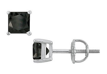 14K White Gold  Princess Cut Black Diamond Stud Earrings  2.00 CT. TW.