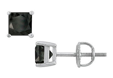 14K White Gold  Princess Cut Black Diamond Stud Earrings  2.50 CT. TW.