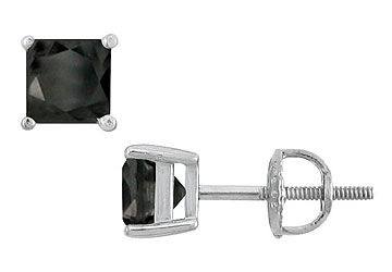 14K White Gold  Princess Cut Black Diamond Stud Earrings  3.00 CT. TW.
