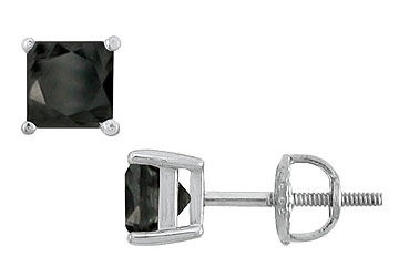 14K White Gold  Princess Cut Black Diamond Stud Earrings  3.50 CT. TW.