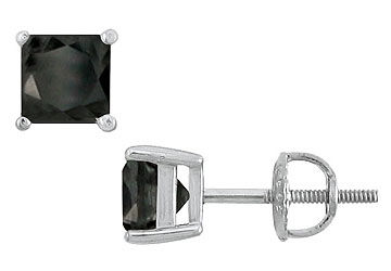 14K White Gold  Princess Cut Black Diamond Stud Earrings  4.00 CT. TW.