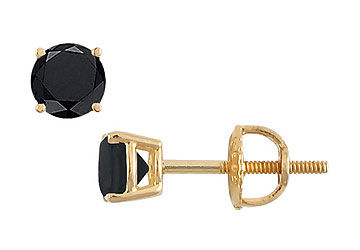 14K Yellow Gold  Round Black Diamond Stud Earrings  1.00 CT. TW.