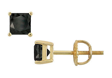 14K Yellow Gold  Princess Cut Black Diamond Stud Earrings  1.50 CT. TW.