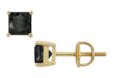 14K Yellow Gold  Princess Cut Black Diamond Stud Earrings  2.50 CT. TW.