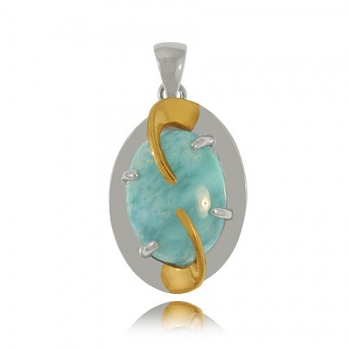 Sterling Silver Volcanic Blue Oval Larimar Pendant with Spiral Divider