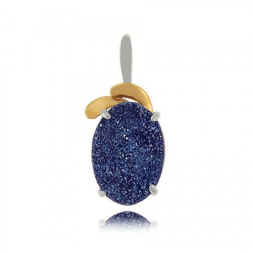 Sterling Silver Oval Blue Drusy Quartz Pendant with Wave-Shaped Bail