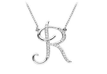 Diamond Letter R Script Initial Pendant  14K White Gold - 0.15 CT Diamonds