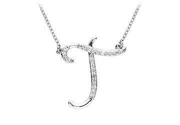 Diamond Letter T Script Initial Pendant  14K White Gold - 0.15 CT Diamonds