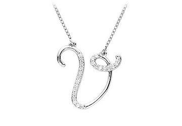 Diamond Letter V Script Initial Pendant  14K White Gold - 0.15 CT Diamonds